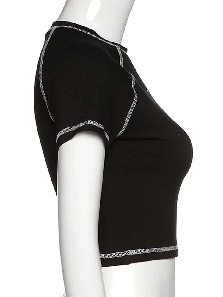 Y2K nero dolce ragazza slim stampa teschio divertente grafica vintage vestiti crop top E-girl