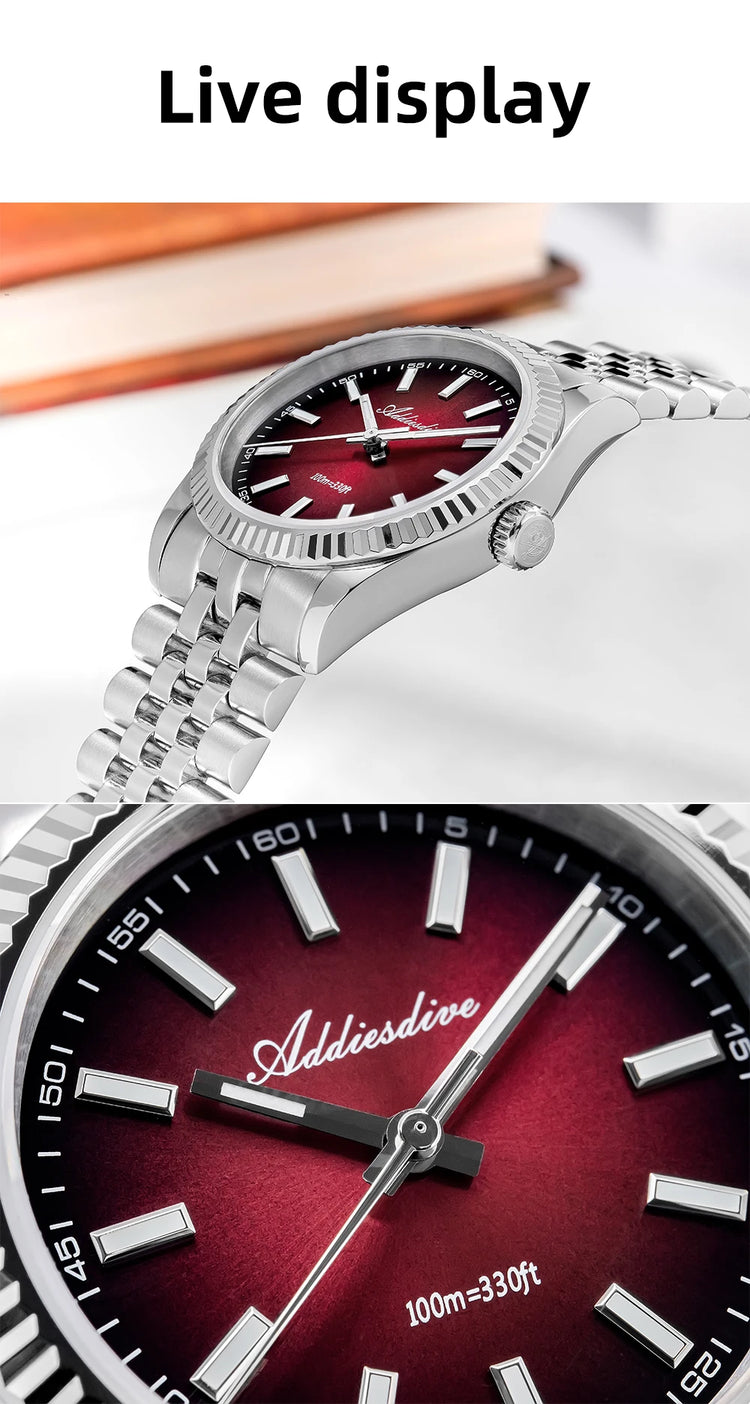 ADDIESDIVE Men Watch 36mm New Quartz Wristwatch AD2073 Sapphire Sunburst Dive 100m Waterproof BGW9 Luminous Dress Watch for Men