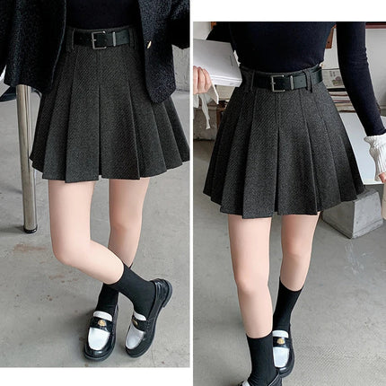 Vintage Winter Pleated Mini Skirt Women Streetwear High Waist Woolen Cute Skater Skirts With Shorts Belt Grey Black Skirt Woman PlatiNum