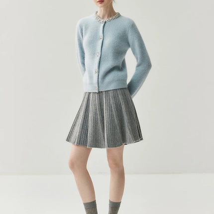 CHICUU Women's A-line Pleated Skirt 100% Cashmere Knit Mini Skirt Autumn Winter Preppy Style Above Knee Skirt Cashmere Knitwear PlatiNum
