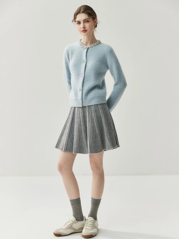 CHICUU Women's A-line Pleated Skirt 100% Cashmere Knit Mini Skirt Autumn Winter Preppy Style Above Knee Skirt Cashmere Knitwear PlatiNum