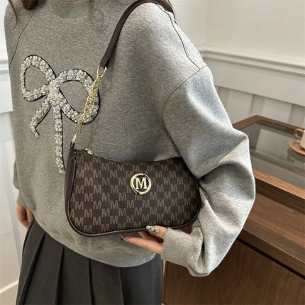 Vintage Style Handbag Crossbody Bag, Gold Letter 'M' Design Pu Leather Shoulder Messenger Bag, Synthetic Leather Tote Bag, Purse PlatiNum