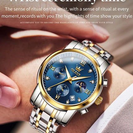 OLEVS 2858 Orologio da Uomo in Acciaio Inossidabile, Impermeabile, Antigraffio, con Fasi Lunari, Luminoso, Cronografo, Orologio da Polso al Quarzo di Lusso platinumshop