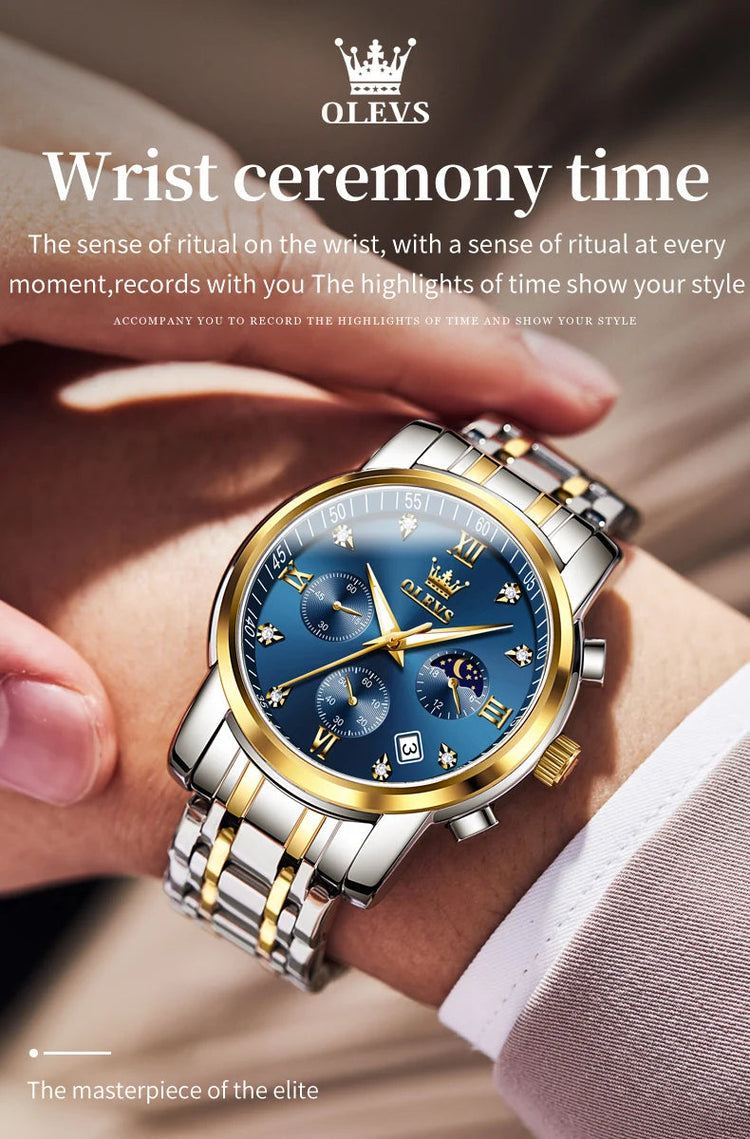 OLEVS 2858 Orologio da Uomo in Acciaio Inossidabile, Impermeabile, Antigraffio, con Fasi Lunari, Luminoso, Cronografo, Orologio da Polso al Quarzo di Lusso platinumshop