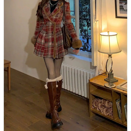 Women's Double Breasted Plaid Coat, Woolen Jacket , V-Neck, Loose Tops, Female Clothes, Sweet, New, Autumn, Winter