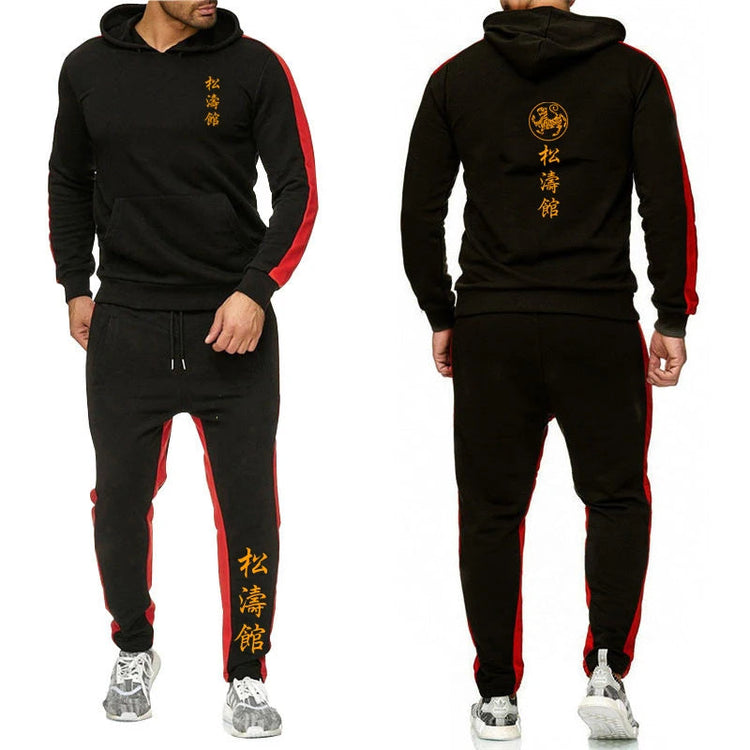 2025 Spring Autumn Shotokan Karate Print Men's Solid Color Hooded Tracksuit Pullover Hoodies+Casual Sweatpants High Street Sets PlatiNum