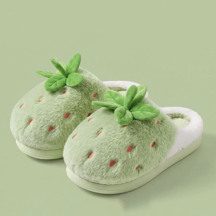 Women's Cotton Slippers Cute Strawberry Furry Fur House Winter Warm Plush Fluffy Slippers Women Chunky Sole Platform GirlsShoes