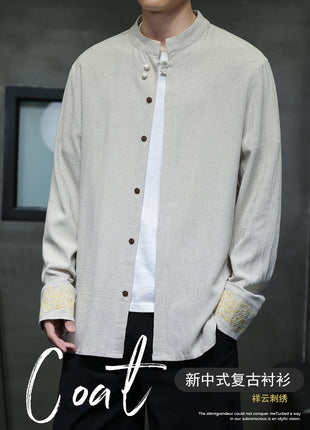 Camicie da Uomo di Alta Qualità con Ricami in Stile Cinese, Colletto Rialzato Retrò, in Lino Comodo e Traspirante, Camicie Casual da Uomo