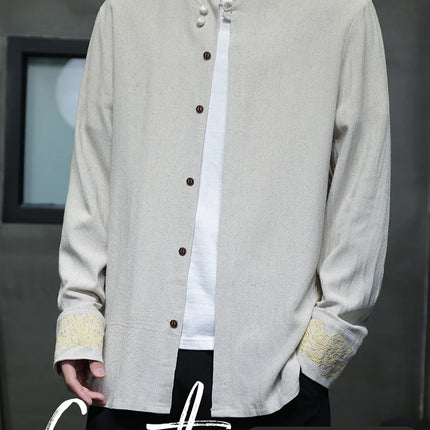 Camicie da Uomo di Alta Qualità con Ricami in Stile Cinese, Colletto Rialzato Retrò, in Lino Comodo e Traspirante, Camicie Casual da Uomo