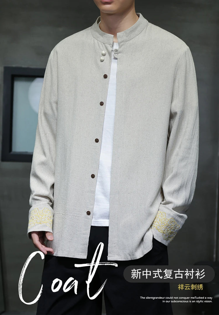 Camicie da Uomo di Alta Qualità con Ricami in Stile Cinese, Colletto Rialzato Retrò, in Lino Comodo e Traspirante, Camicie Casual da Uomo