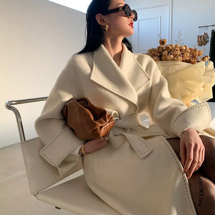 New Solid Korean Style Women Wool Coat Arch Needle Large Neck Versatile Fashion Texture Double Sided Trench Coats Female Winter