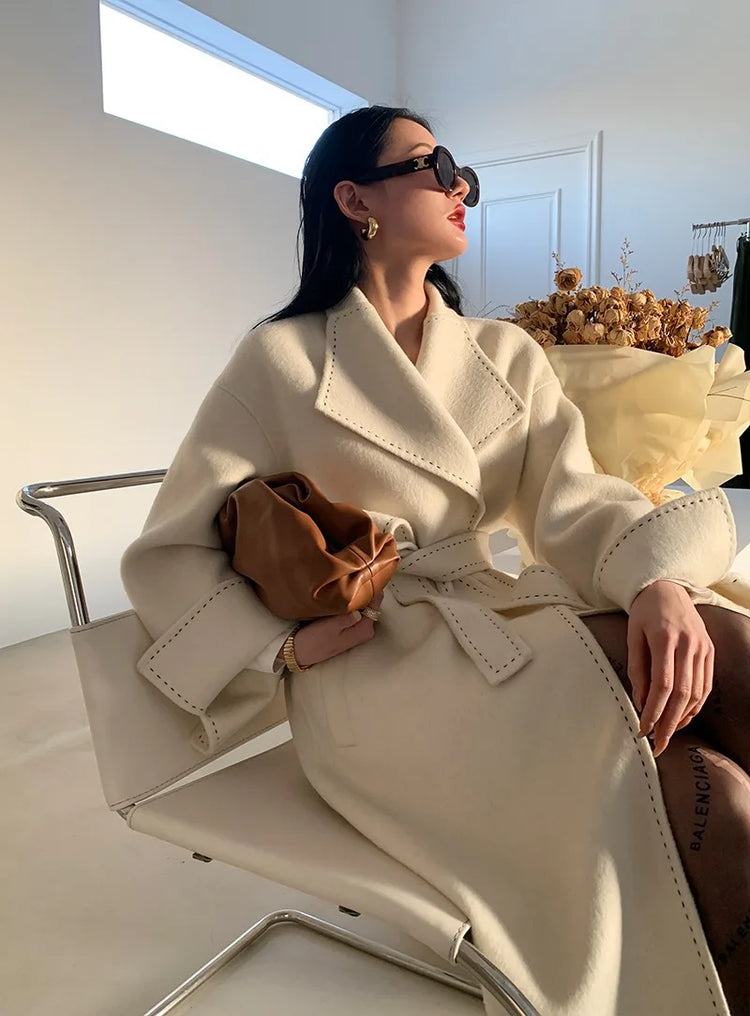 New Solid Korean Style Women Wool Coat Arch Needle Large Neck Versatile Fashion Texture Double Sided Trench Coats Female Winter