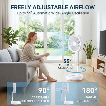 Ventilatore Portatile Pieghevole da 8000mAh, Ultra Silenzioso, Ricaricabile USB, Ventilatore da Tavolo/Scrivania, 20 Ore di Raffreddamento Senza Fili per Casa, Ufficio, Campeggio, Viaggi – Ventilatore da Terra Pieghevole Po