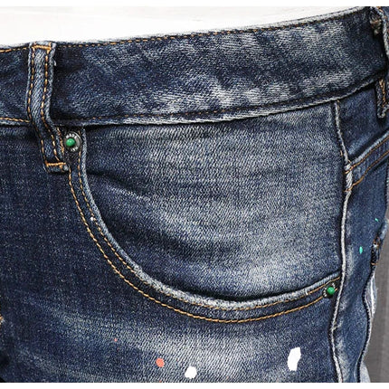 Fashion Streetwear Men Jeans Retro Black Blue Elastic Slim Fit Ripped Jeans Men Spliced Designer Embroidery Hip Hop Denim Pants PlatiNum