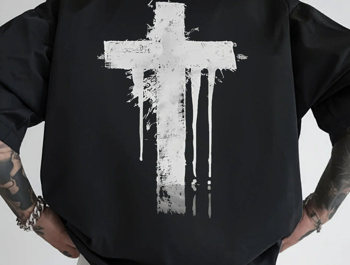 Men's Distressed White Cross Back Print T-Shirt - Black Casual Short Sleeve Round Neck Top PlatiNum