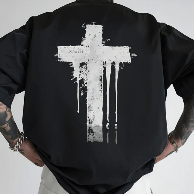 Men's Distressed White Cross Back Print T-Shirt - Black Casual Short Sleeve Round Neck Top PlatiNum