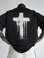 Men's Distressed White Cross Back Print T-Shirt - Black Casual Short Sleeve Round Neck Top PlatiNum