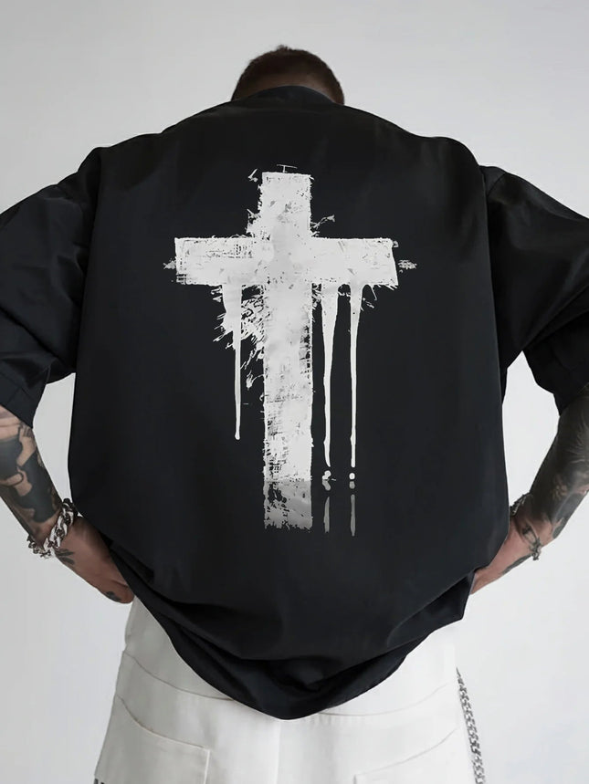 Men's Distressed White Cross Back Print T-Shirt - Black Casual Short Sleeve Round Neck Top PlatiNum