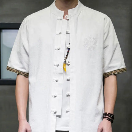 Camicie da Uomo Ricamate in Stile Cinese Retrò, Traspiranti in Lino, Comode, Casual Kung Fu, Abito Tang con Colletto Rialzato
