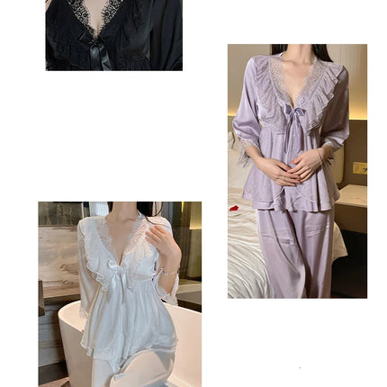 Set di indumenti da notte per la casa in raso di pizzo e pizzo da donna, pantaloni con top in pizzo dolce a V profondo, due pezzi di vestiti per la casa di grandi dimensioni bianco nero viola
