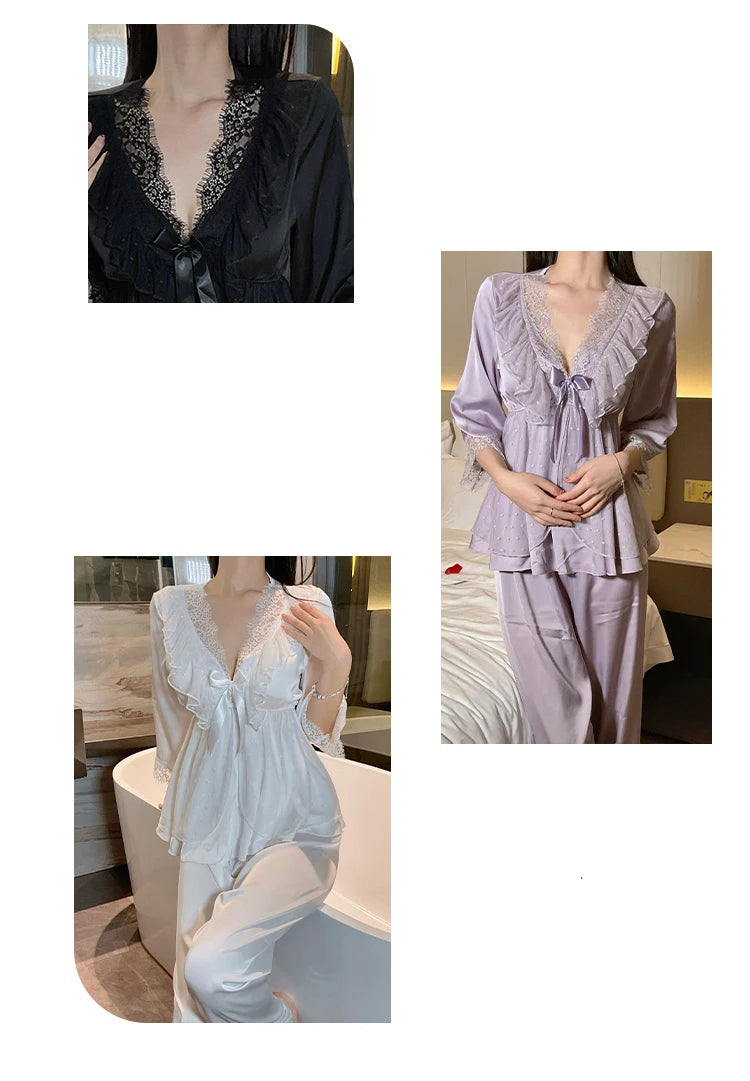 Set di indumenti da notte per la casa in raso di pizzo e pizzo da donna, pantaloni con top in pizzo dolce a V profondo, due pezzi di vestiti per la casa di grandi dimensioni bianco nero viola