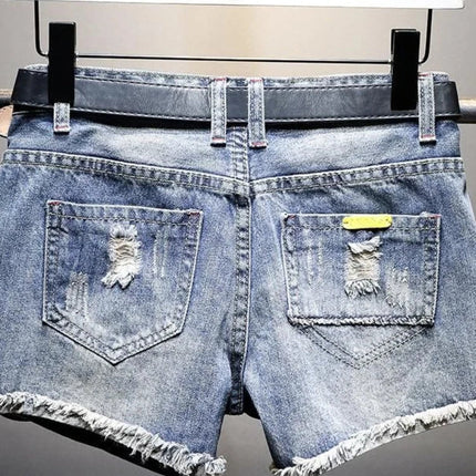 Women's High Waisted Denim Shorts-Korean-Inspired Loose Straight Leg-Distressed Cartoon Embroidery Trendy Summer Hot Pants PlatiNum