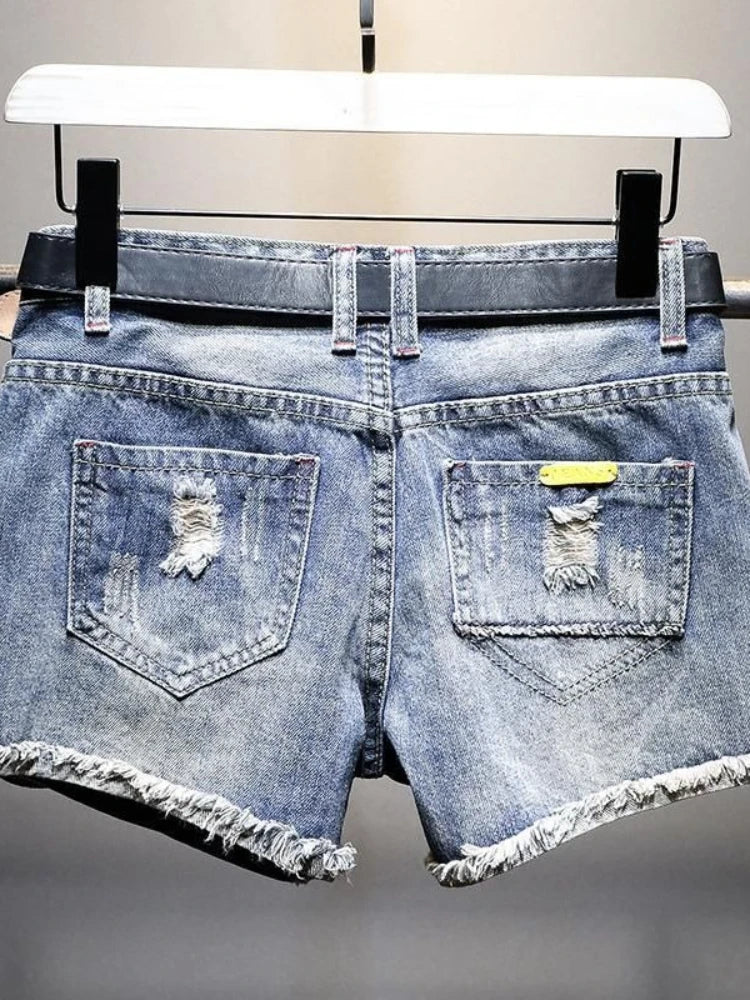 Women's High Waisted Denim Shorts-Korean-Inspired Loose Straight Leg-Distressed Cartoon Embroidery Trendy Summer Hot Pants PlatiNum