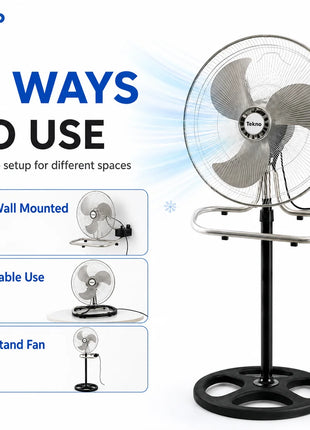 Ventilatore in metallo 50W 3 in 1 regolabile in altezza, da pavimento, tavolo e parete, fino a 130 cm, per uso domestico