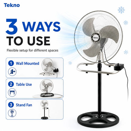 Ventilatore in metallo 50W 3 in 1 regolabile in altezza, da pavimento, tavolo e parete, fino a 130 cm, per uso domestico