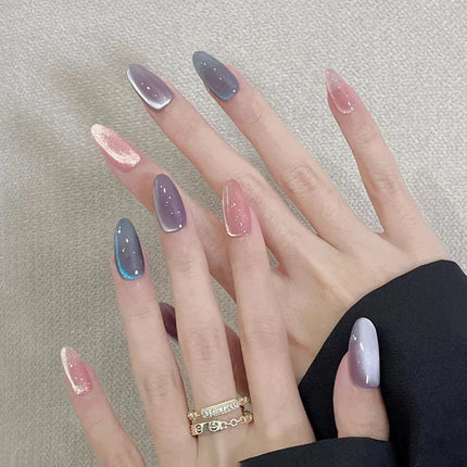 24Pcs Medium Almond Nude‑Pink 3D Textured Metallic Cat‑Eye French Sheer Press‑On False Nails For Nail Art Decor