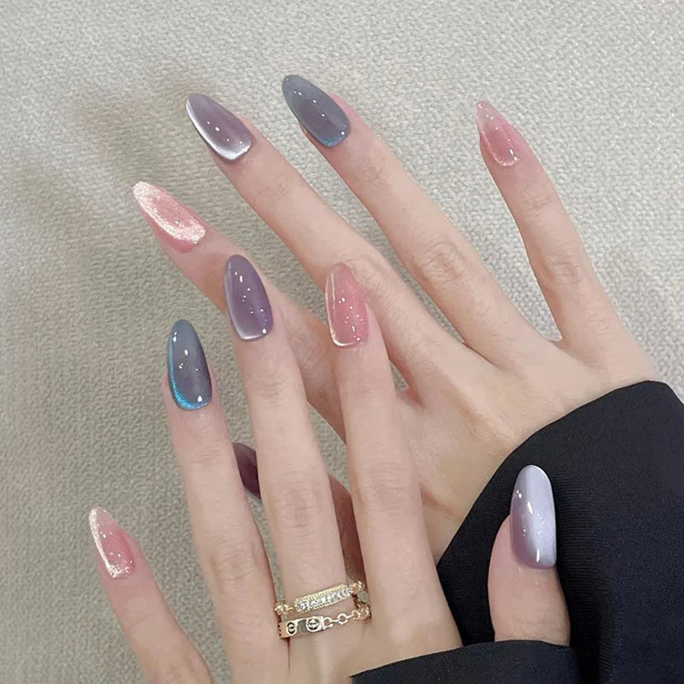 24Pcs Medium Almond Nude‑Pink 3D Textured Metallic Cat‑Eye French Sheer Press‑On False Nails For Nail Art Decor