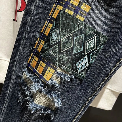 2023 Spring and Autumn New Men's Fashion Trend Ripped Patch Small Foot Pants Men's Casual Slim Comfortable High-Quality Jeans PlatiNum