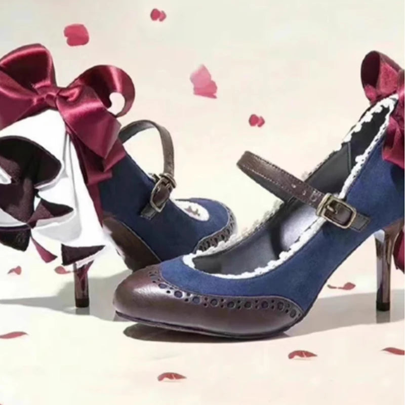 Denim & Leather Ankle Strap Big Red Bow Lace Stilettos Pumps Woman Spring and Autumn 2026 Sweet Lolita Women High Heels Shoes