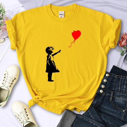 Fly Amore Ballons Imprimés T-shirt Femme Doux et Respirant Manches Courtes Street Hip Hop Tendance Tops Décontractés T-shirt Féminin Vêtements