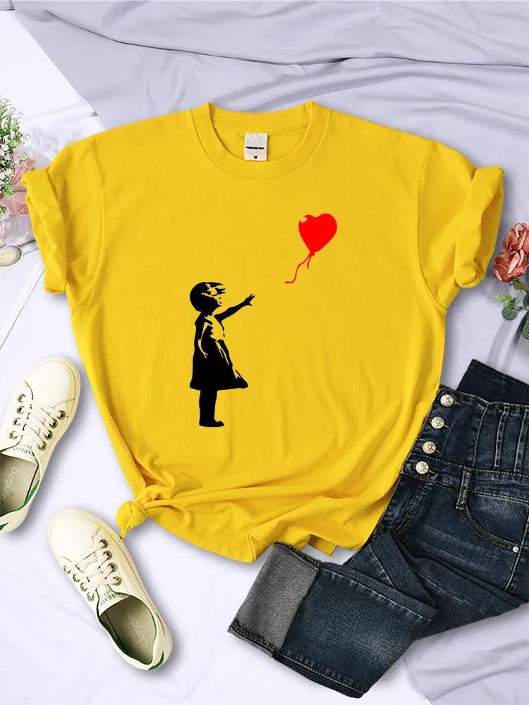 Fly Amore Palloncini Stampe T-shirt da donna Morbida e traspirante Manica corta Street Hip Hop Trend Top Casual T-shirt femminile Abbigliamento