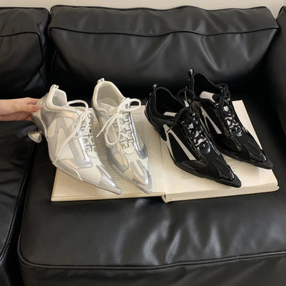 Low Heels Silver Shoes Women Pointed Toe Lace Up Sports Style High Heels Comfort Ladies Pumps Black Spring 2025 Shoes