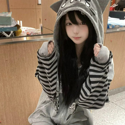 Cat Ear Hooded Sweatshirts Jackets Women Clothing Y2k Tops Patchwork Striped Anime Hoodie Ropa Mujer Casual Fashion Hoodies Coat