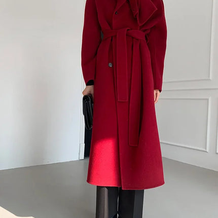 Luxury Hand-sewn Double-sided Cashmere Wool Coat Women New Mid-length Scarf Collar Loose Lace-up Warm Wool Coat Fashion Winter
