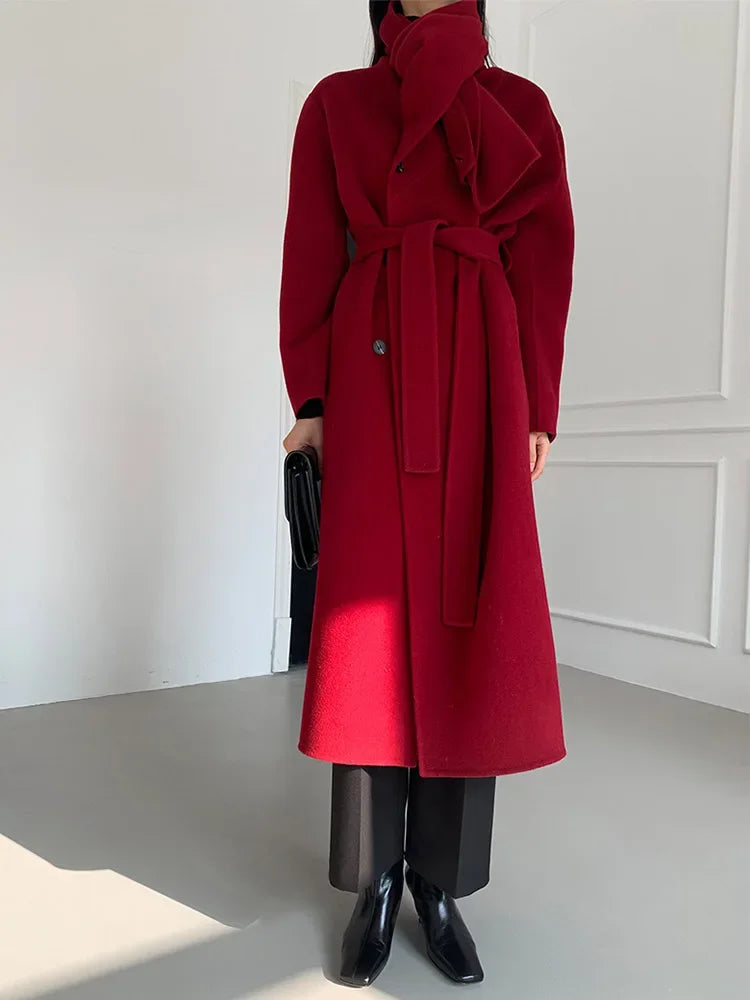 Luxury Hand-sewn Double-sided Cashmere Wool Coat Women New Mid-length Scarf Collar Loose Lace-up Warm Wool Coat Fashion Winter