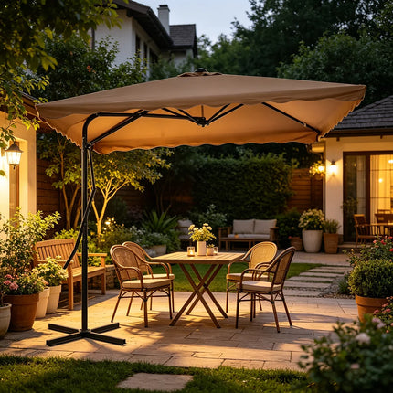 Ombrellone da esterno color tortora 250x250 cm, palo in acciaio, anti-UV, girevole a 360° ° con base incrociata robusta, facile da montare