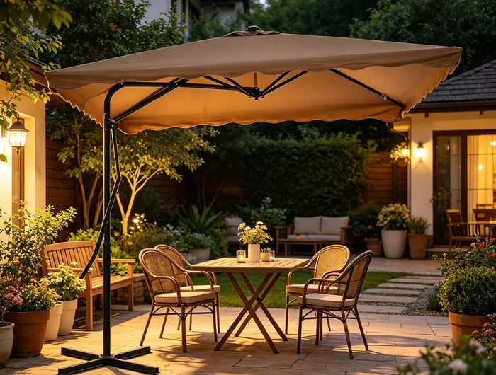 Ombrellone da esterno color tortora 250x250 cm, palo in acciaio, anti-UV, girevole a 360° ° con base incrociata robusta, facile da montare