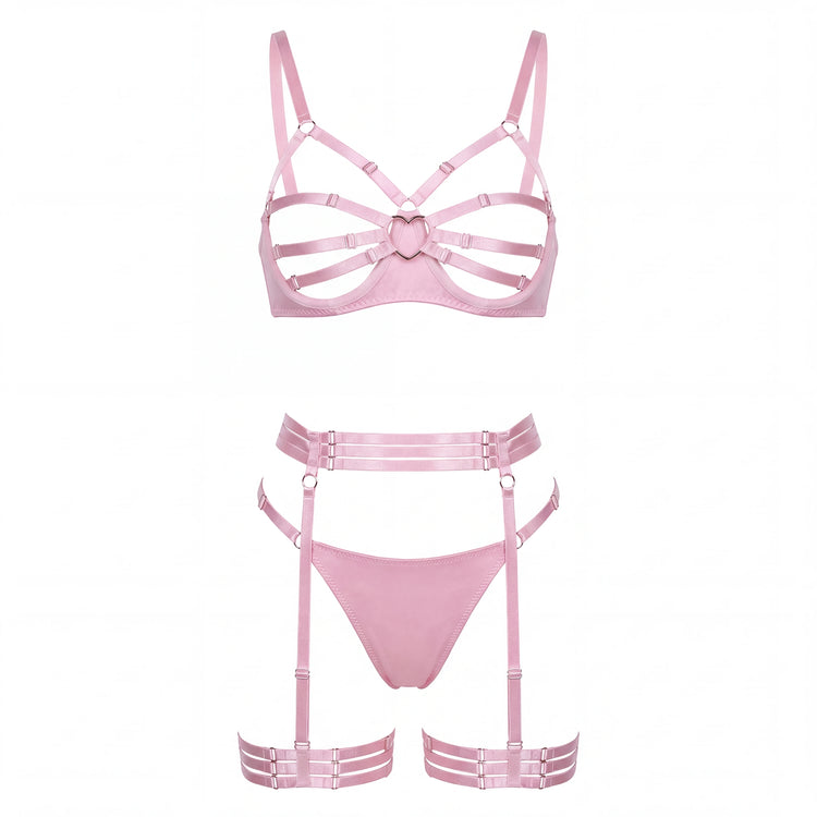 Bunny Girl Lingerie Set Pink Open Cup Hollow Out See Through Mesh Bra Panty Headband Straps Role Play Costume Party Halloween