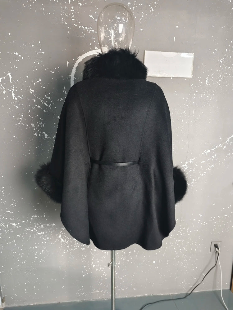 UCXQ Korean Style Two Sided Cloak Overcoat For Women Fur Collars Belt Loose Long Coats 2025 Winter New 23Z2284