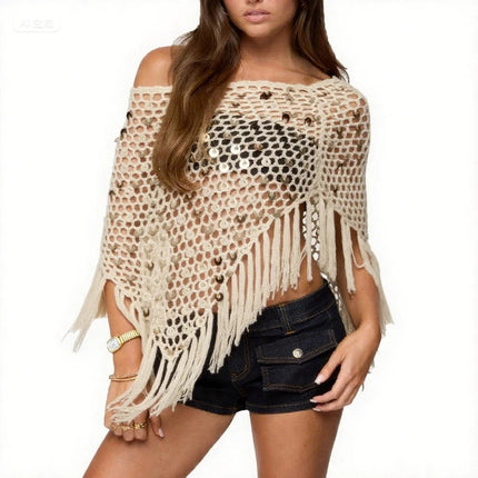 Copricostume asimmetrico all'uncinetto con paillettes per donna Poncho lavorato a maglia con nappe scavate e spalle scoperte Top copricostume alla moda platinumshop