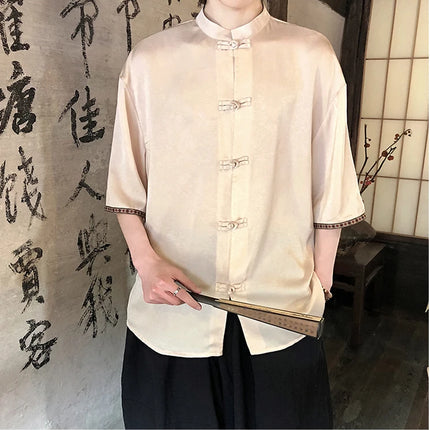 Camicie retrò da uomo, estive, eleganti, larghe, casual, leggere, sottili, traspiranti, in stile cinese, vintage, con calligrafia tradizionale.