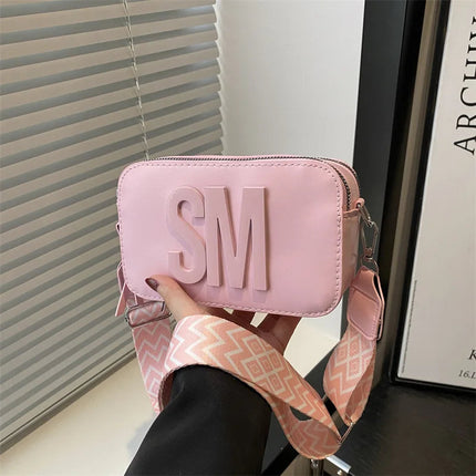 Chic SM Letter Camera Bags, Stylish Women’s Crossbody Small Square Purses with Wide Patterned Straps, Perfect for Daily Casual PlatiNum