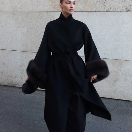 Lady Long Wool Blend Coat Stand Collar Faux Fur Cuffs Belted Waist Loose Oversized Maxi Wrap Outerwear Elegant Winter Overcoat