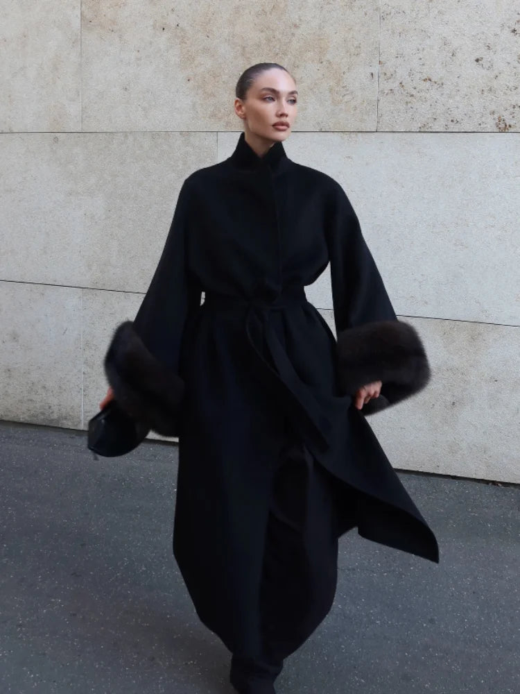 Lady Long Wool Blend Coat Stand Collar Faux Fur Cuffs Belted Waist Loose Oversized Maxi Wrap Outerwear Elegant Winter Overcoat