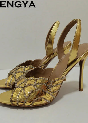 2026 Summer Trendy New Shiny Fish Mouth Toe Sexy Stiletto Sandals Woman Quality Sequined Thin High Heel Slippers for Women Shoes PlatiNum