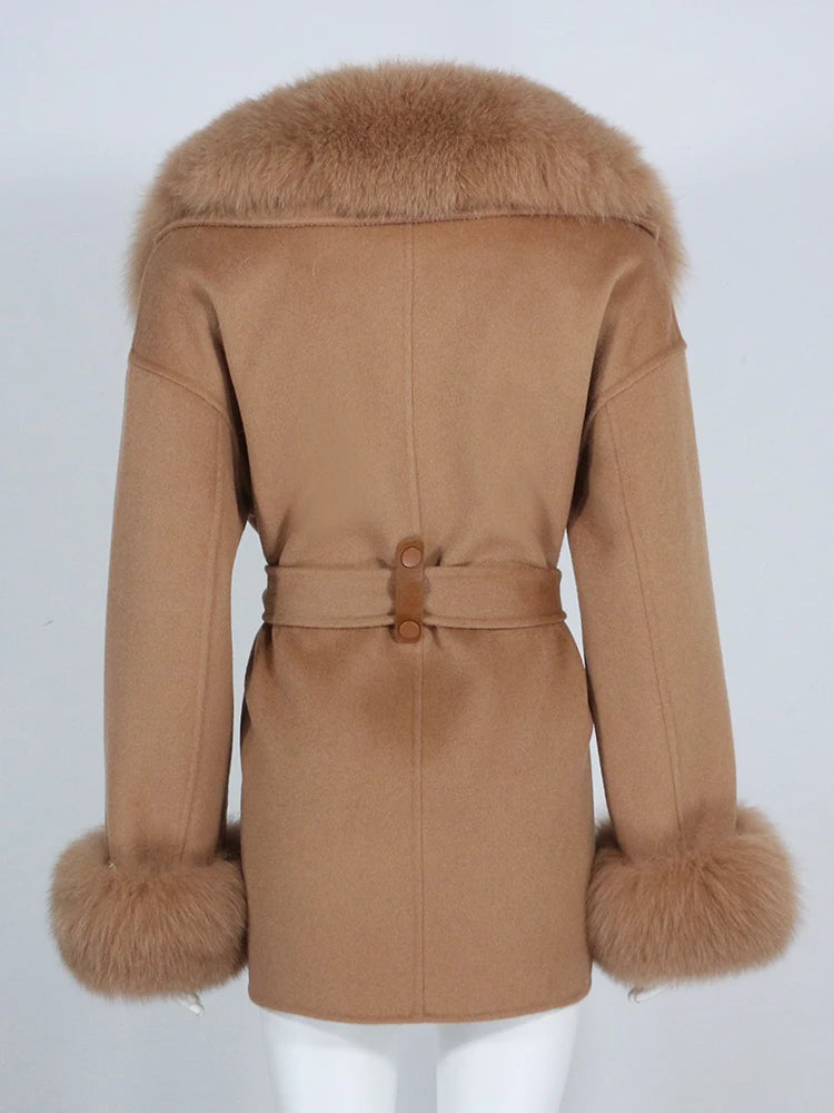 OFTBUY Real Fur Coat Winter Jacket Women Natural Fox Fur Collar Cuffs Belt Cashmere Wool Woolen Ladies Outerwear Streetwear